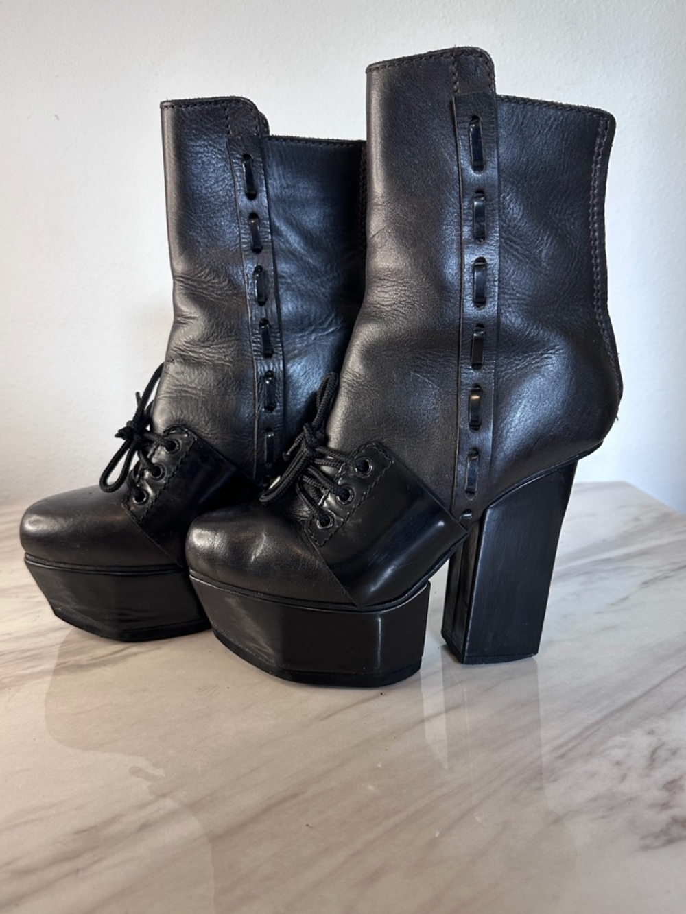 Acne Studios Pixel Platform  Boots Black Leather Lace Up Chunky Heel Women 37 - Picture 3 of 13